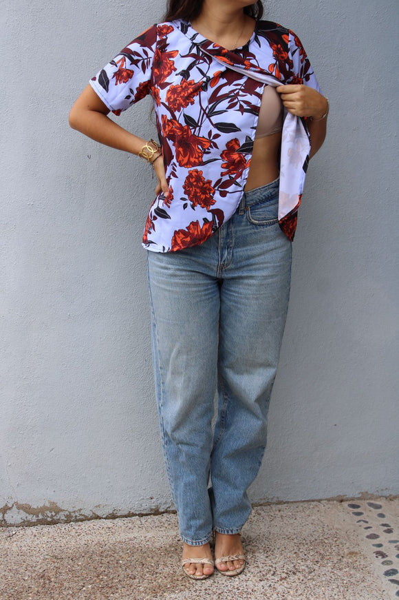 Blusa de Lactancia, Diana azul flores naranjas M