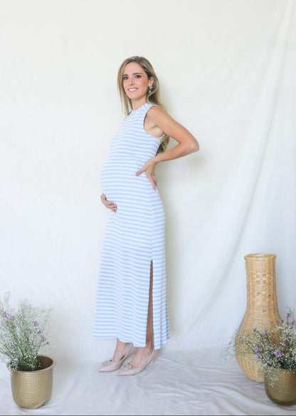 Vestido de maternidad Leslie, azul cielo rayas