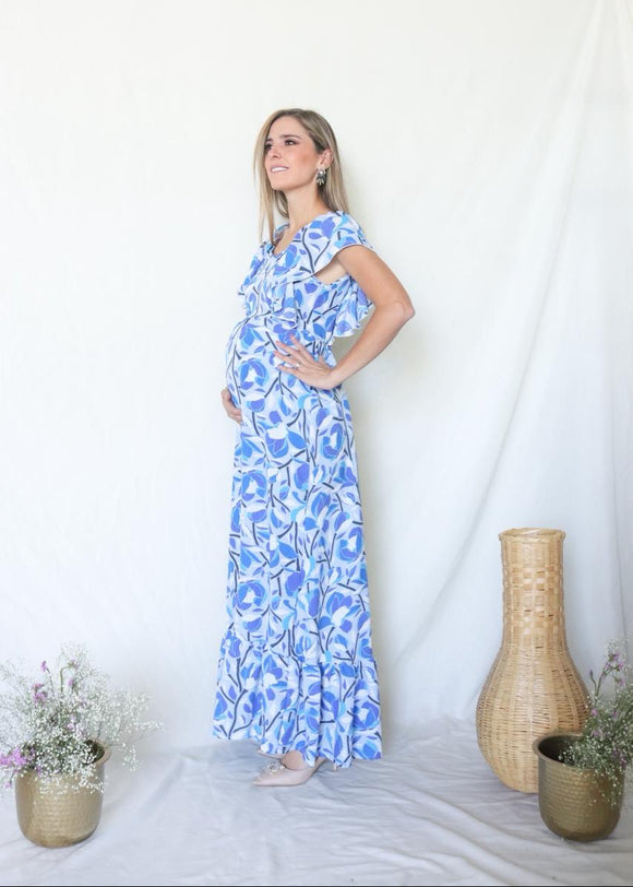 Vestido de Maternidad, Cristina azul flores tallos