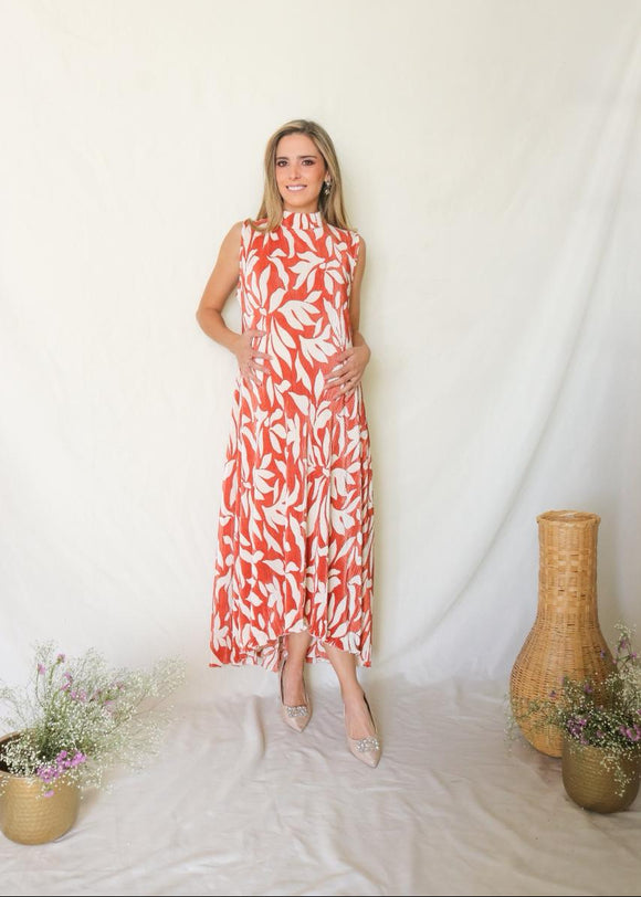 Vestido de maternidad Sonia, flores naranjas corrugado