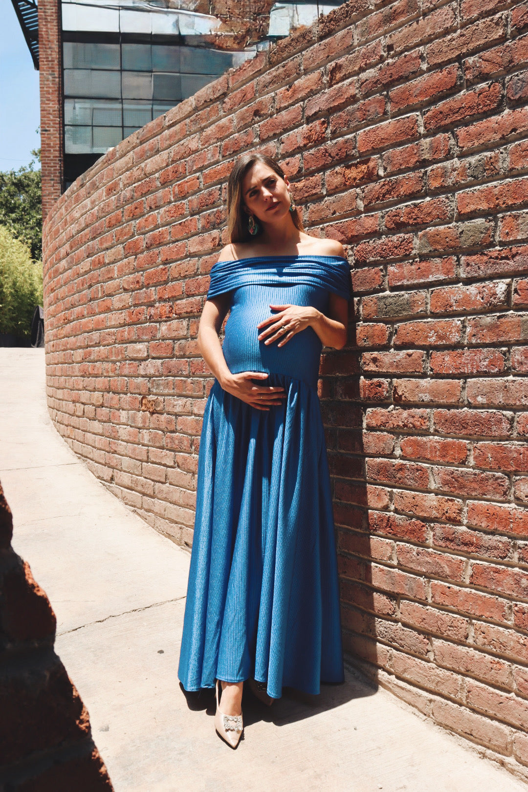 Vestido de maternidad blanco, Adeline azul Imperial rayas