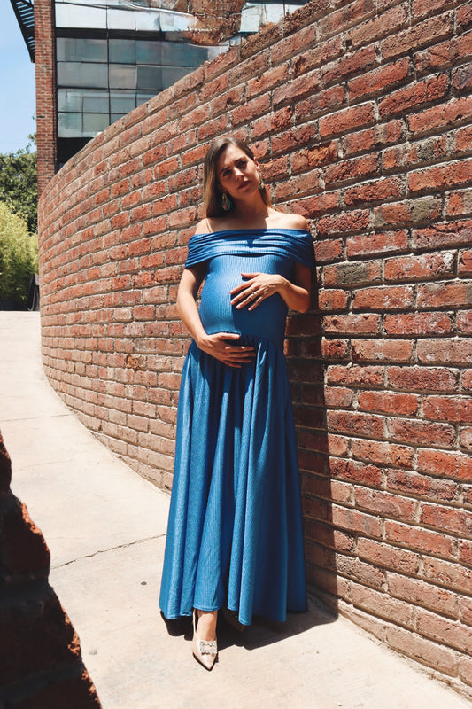 Vestido de maternidad blanco, Adeline azul Imperial rayas