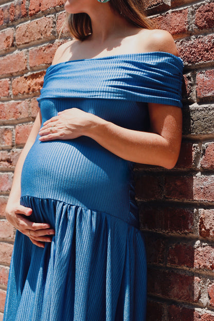 Vestido de maternidad blanco, Adeline azul Imperial rayas