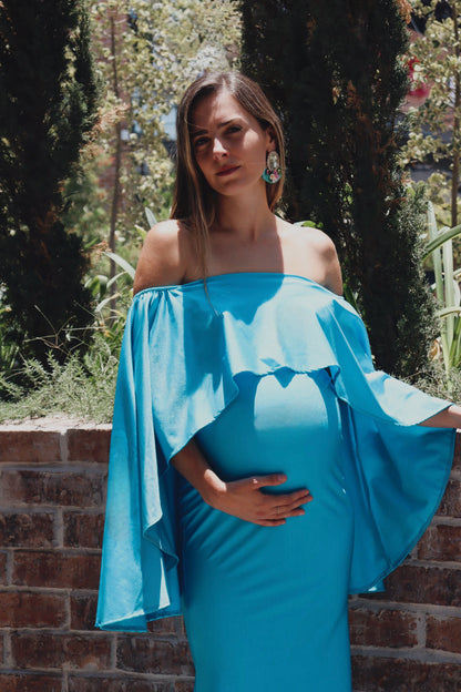 Vestido de maternidad Amparo, azul cielo licra satin