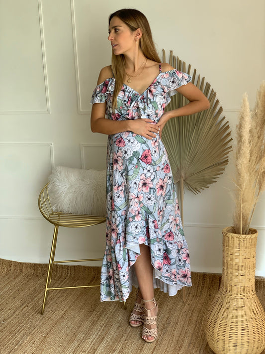 Vestido de maternidad y lactancia, Carlota azul con flores rosas CH a XG