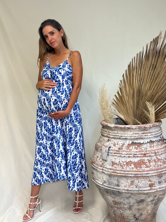 Vestido Manuela de maternidad y lactancia, blanco flores azules