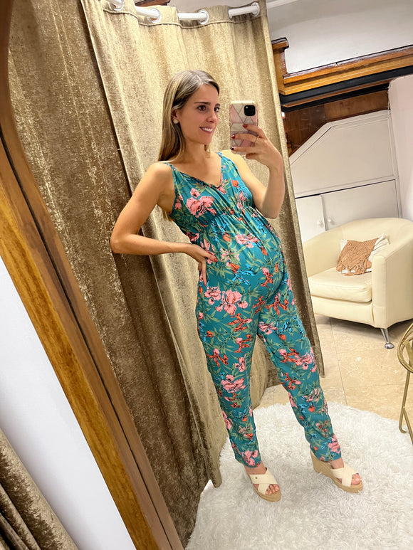 Maternity jumpsuit, flowered green
