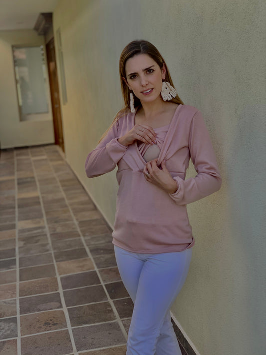 Blusa/ Suéter de maternidad y lactancia color rosa, Hilda