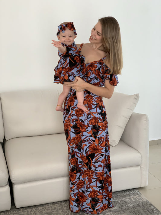 Matching dresses blue orange flowers