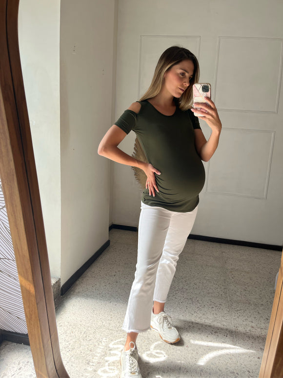 Army green maternity blouse, cotton shoulders
