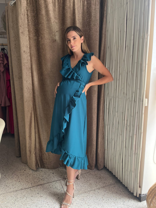 Vestido de maternidad María Luisa, azul verdoso opaco