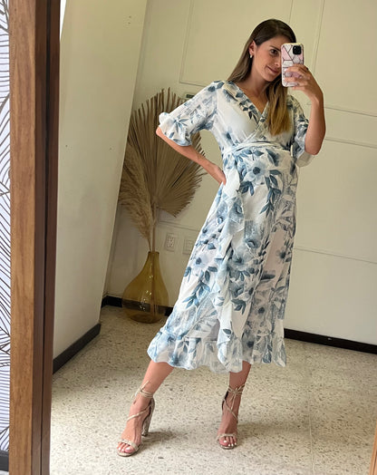 Maternity dress, Ursula white with blue