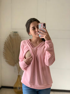 Warm pink Daniela nursing sweater, with opening on the chest