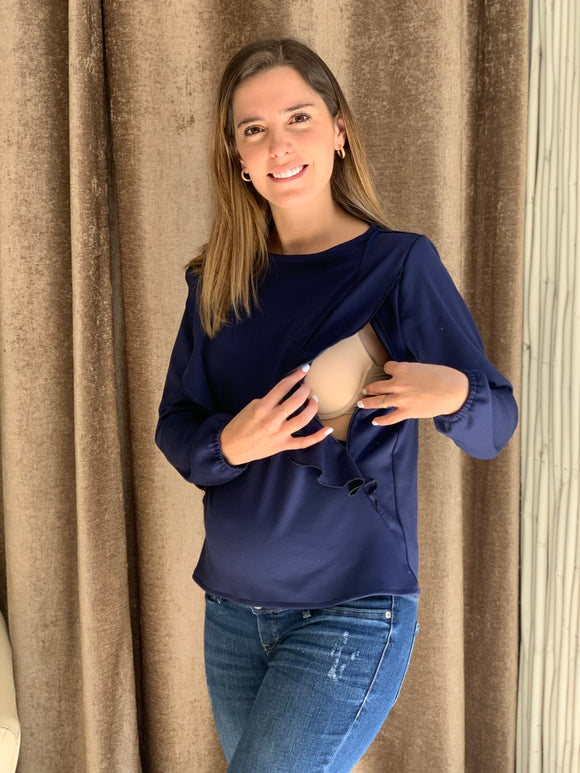Maternity and nursing sweater/blouse, blue ruffles