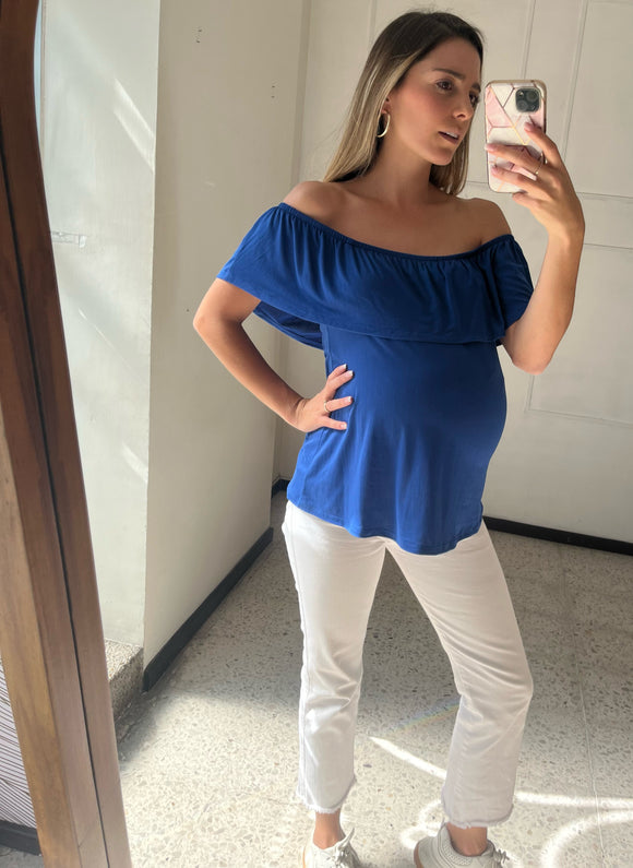 Blusa de maternidad sin hombros azul