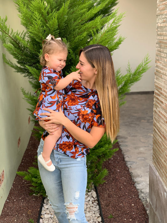 Matching blue orange flowers