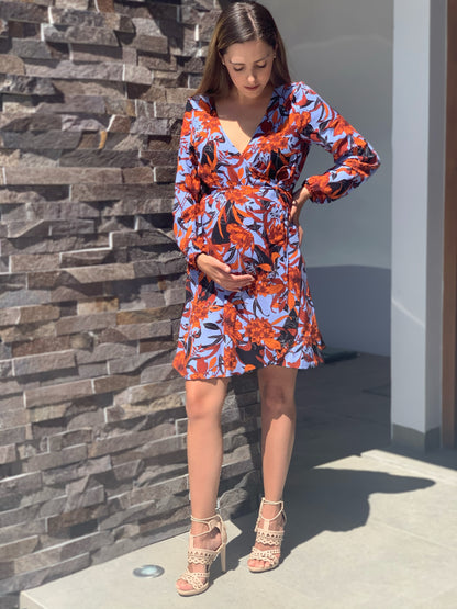 Vestido de maternidad Natalia, azul flores naranjas
