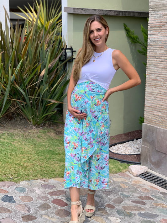 Maternity skirt, blue aqua flowers
