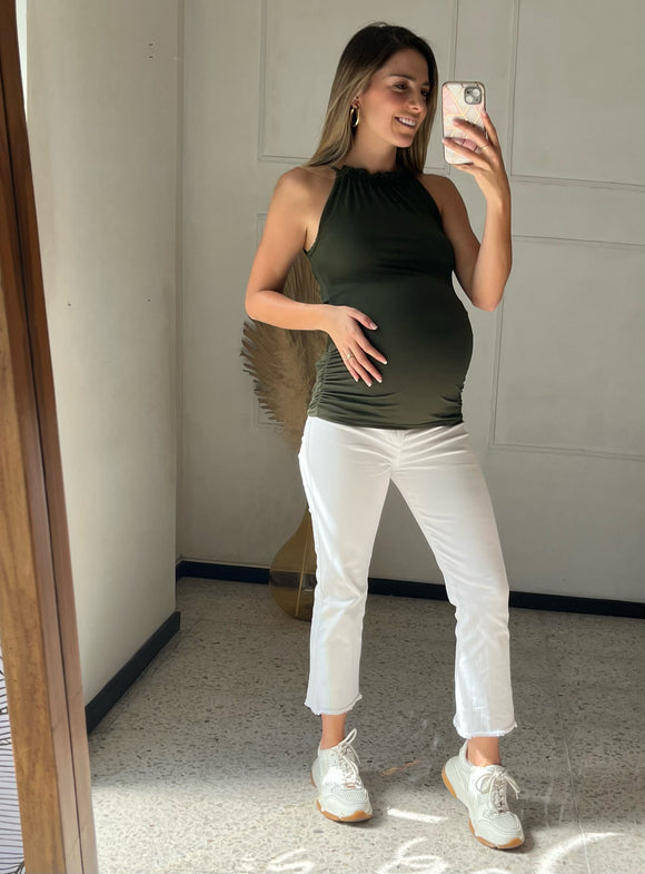 Military green double view halter cotton blouse