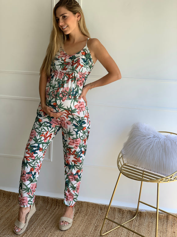 Maternity jumpsuit, White flowered