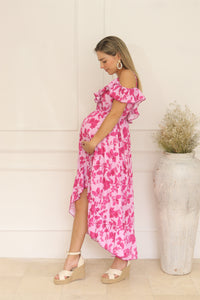 Vestido de maternidad y lactancia, Carlota rosa flores claras rosas fuertes