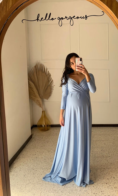 Bright blue maternity session dress, Alberta