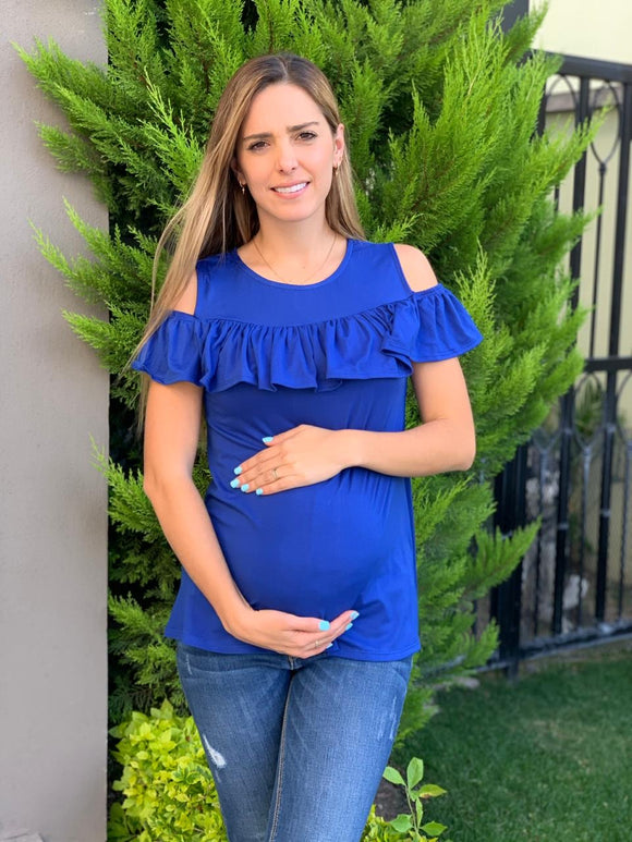 Blusa de maternidad con olán azul