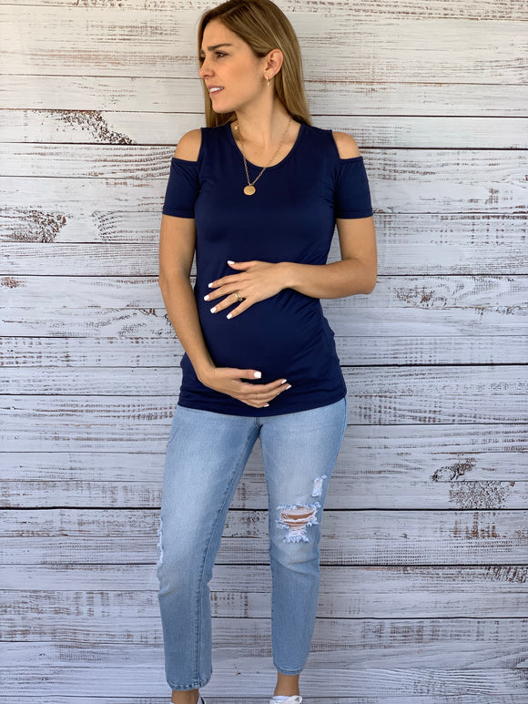 Maternity blouse, navy blue cotton shoulders