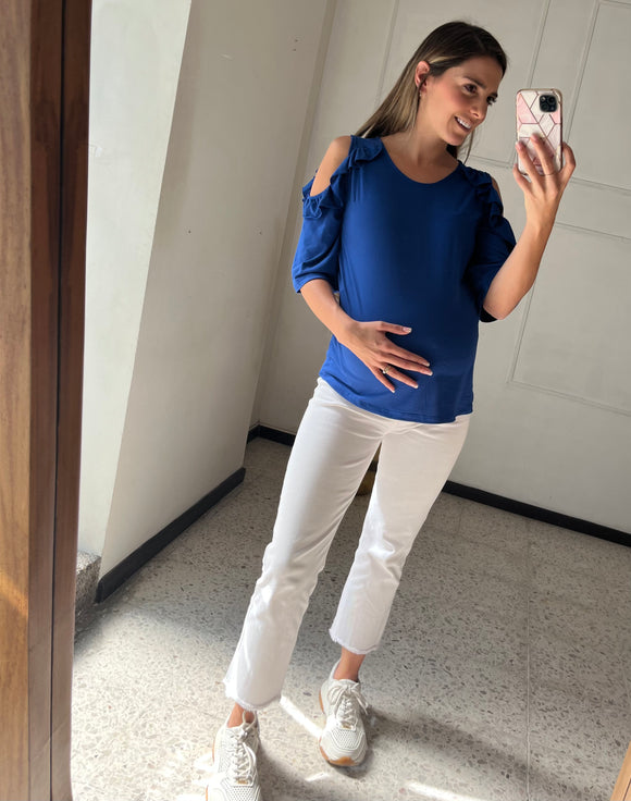 Blusa de maternidad sin hombros, color azul