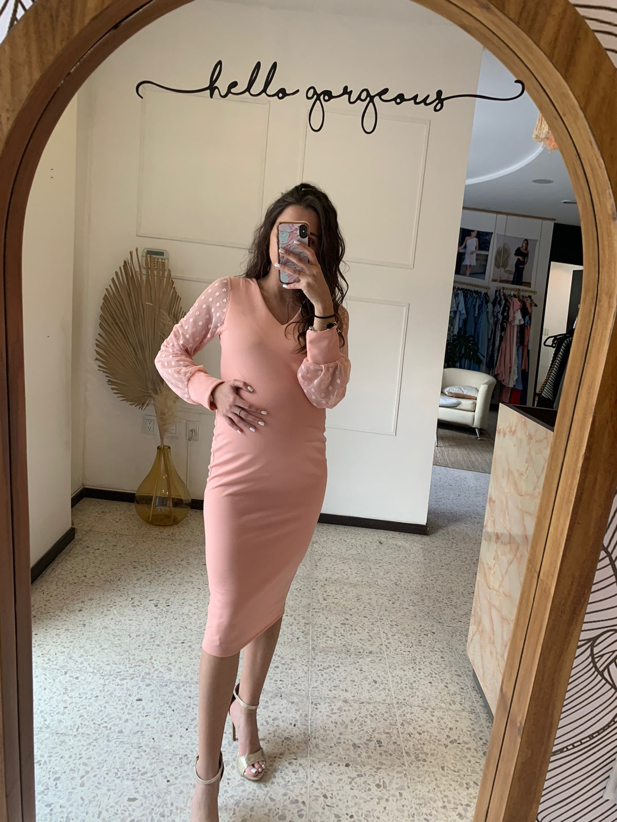 Maternity dress, V neck pink little balls on sleeves