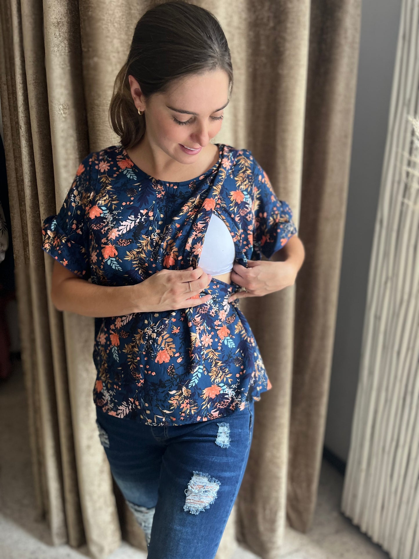 Nursing blouse, Georgina blue flowers fern flowers