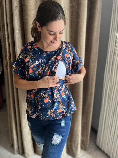 Nursing blouse, Georgina blue flowers fern flowers