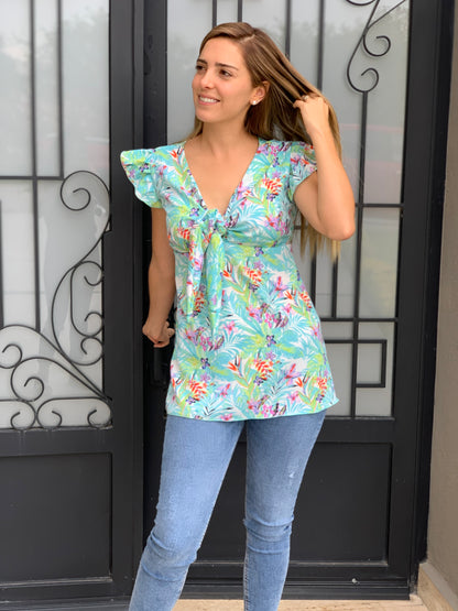 Blusa de maternidad y lactancia, Brescia Azul flores aqua