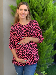 Black maternity blouse with pink balls